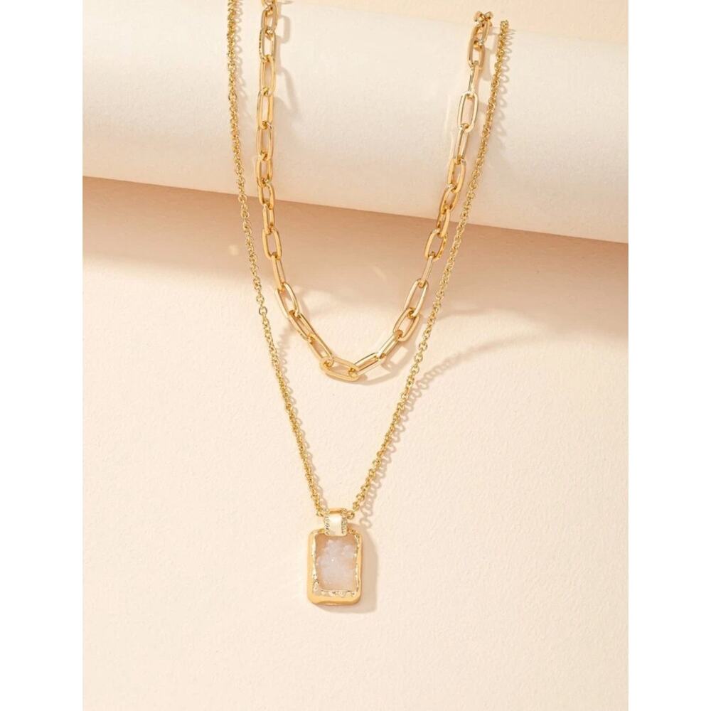 Geo Pendant Layered Necklace White